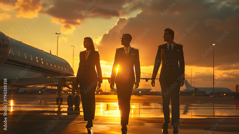 Sticker man and women, as flight captains walking at the airport in a leadership movie portrait, sunset and golden hour