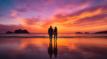 Orange sun dips towards the ocean horizon, casting long shadows on a couple walking along the sandy beach at dusk