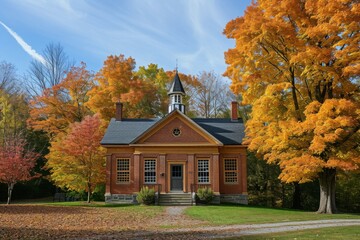 A photo capturing a modest brick building with a steeple situated amidst a cluster of trees, Classic brick schoolhouse in early autumn, AI Generated