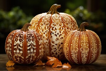 Interlace the pumpkins with a profusion of intricately detailed autumn leaves, capturing a range of warm, earthy tones. Ai generated
