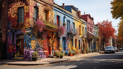 Les façades des bâtiments sont ornées de graffitis colorés, rue originale, insolite.