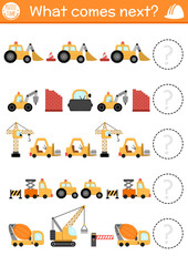 What comes next. Construction site logical activity for preschool kids with bulldozer, crane, excavator. Building works logic succession worksheet. Continue the row game with special cars, vehicles.