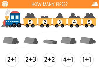 How many pipes game with cute freight train Construction site math addition activity for children. Simple building works printable counting worksheet for kids with engine and cars with load.