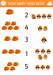Match the numbers construction site game with builders and hard hats. Building works math activity for preschool kids. Repair service educational counting worksheet with helmets, uniform headwear.
