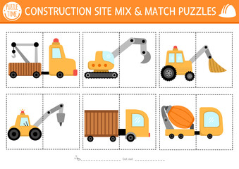 Vector construction site mix and match puzzle with cute industrial vehicles and their parts. Matching building works activity for kids. Educational printable game with bulldozer, excavator, truck.