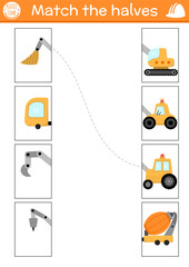Construction site connect the halves worksheet.  Building works matching game for preschool children bulldozer, concrete mixer, truck, tractor. Match back and front activity with industrial cars.