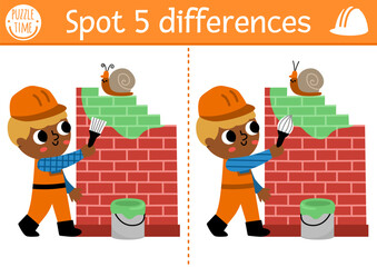 Find differences game for children. Construction site educational activity with boy painting brick wall. Cute puzzle for kids with funny worker. Printable worksheet, page for logic and attention skill