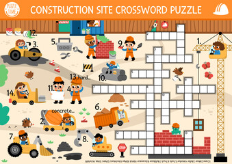Vector crossword puzzle for kids with construction site landscape. Quiz with workers, industrial vehicles, brick house for children. Cute educational cross word activity with building works scene.