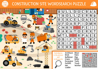 Vector wordsearch puzzle for kids with construction site landscape. Word search quiz with workers, tools, industrial vehicles. Cute educational cross word activity with building works scene.