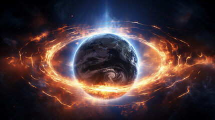 Digital illustration of the Earth with a ring of fire around it, conveying concepts of danger and global threats, cosmic setting