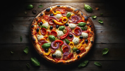 pizza with tomatoes, pepperoni, mozzarella, eggs, and basil leaves on a dark wooden table