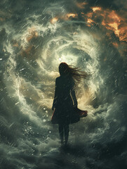 Woman Facing a Stormy Sea Vortex.