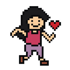 Cute pixel cartoon 8bit character woman run or running with heart lifestyle vector decoration life style 8 bit female girl marathon exercise fitness vector.