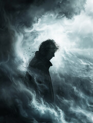 Obraz premium Ethereal artwork of a man's silhouette shrouded in swirling mists.