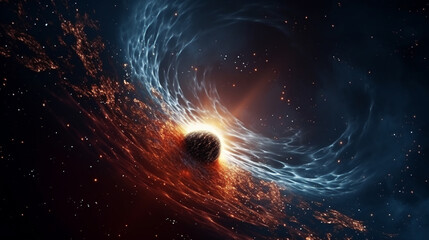 Dramatic visualization of a black hole pulling in surrounding starlight and matter, intense gravitational effects, space background