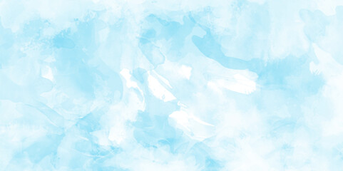 Hand painted cloudy sky blue watercolor background, Creative vintage light sky blue background with various clouds and fogg, watercolor scraped grungy paper texture, Blue sky clouds texture.
