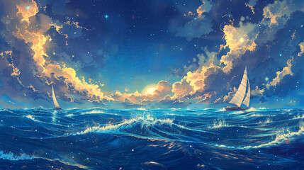 A sailboat adventure across a vivid seascape blending the ocean's blue with the golden hues of a starry sunset sky.