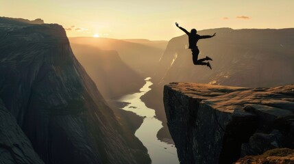 Person Jumping Off Cliff Into River - obrazy, fototapety, plakaty