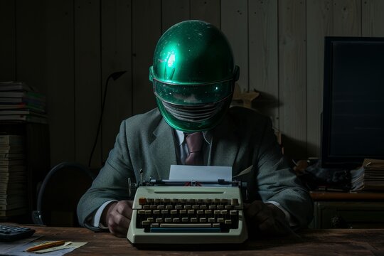 A man dressed in a suit and helmet sits at a desk, diligently typing on an old typewriter, Classical scene of an accountant with green visor and typewriter, AI Generated