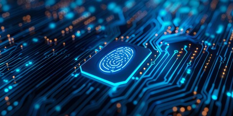 Blue circuit board background with biometric scan icon in the center. 