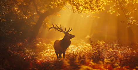 Red deer stag silhouette in the fog mist