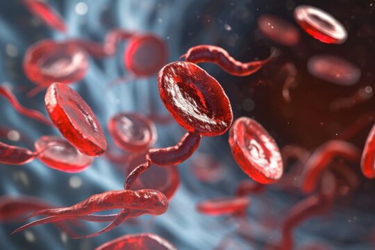 A photo capturing a cluster of red blood cells floating weightlessly in the air, Close-up detailed view of sickle cells in the bloodstream, AI Generated