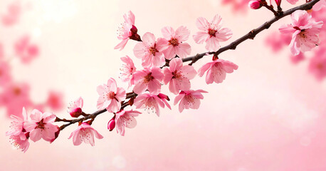 On a simple background, a cherry blossom branch with pink blossoms.
