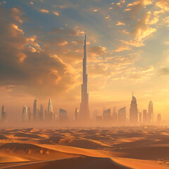 Dubai city skyline at sunset seen from the desert
