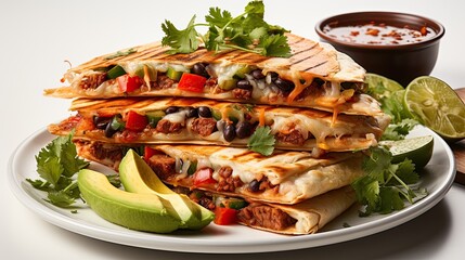 Mexican quesadilla with meat, tomatoes, cheese, vegetables on a large plate, white background