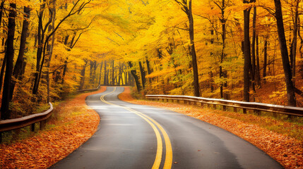 Autumn Road Through Forest Foliage - obrazy, fototapety, plakaty