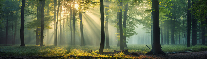 Misty sunlight filters through fall foliage in a foggy woodland path at dawn