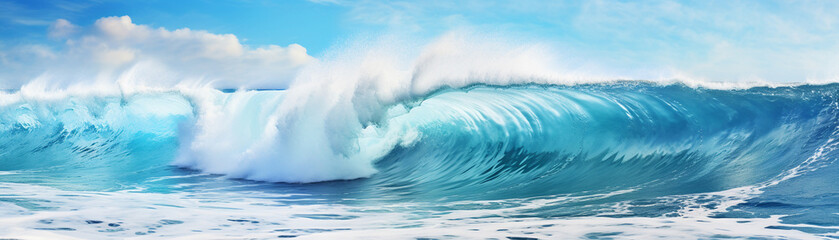 Powerful blue ocean waves crash against a sunny beach, sending white foam flying through the air