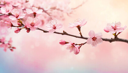 On a simple background, a cherry blossom branch with pink blossoms.