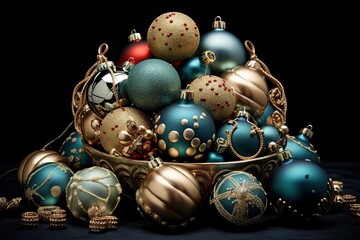 Place a variety of Christmas balls in different sizes, textures, and colors throughout the composition. Ai generated