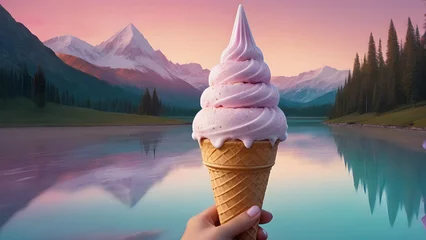Foto auf Alu-Dibond Ice cream in a waffle cone on the background of mountains. © Эля Эля