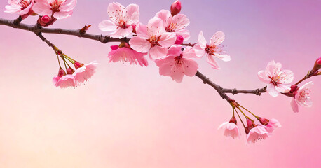 On a simple background, a cherry blossom branch with pink blossoms.