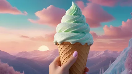 Foto auf Alu-Dibond Ice cream in waffle cone with mountains in background. 3d rendering © Эля Эля