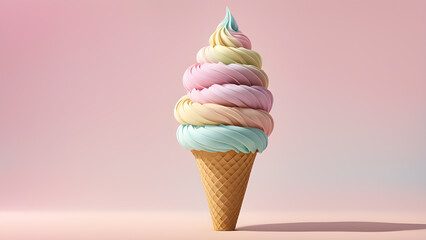 Ice cream in waffle cone on pastel background. 3d rendering