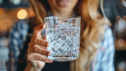 A woman holding a glass of water in her hand, AI