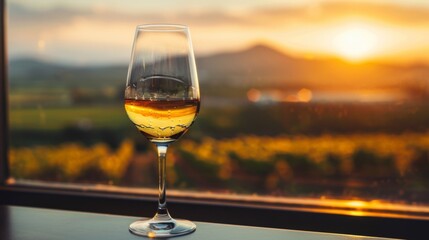 A glass of a wine is sitting on the table in front of an orange sunset, AI