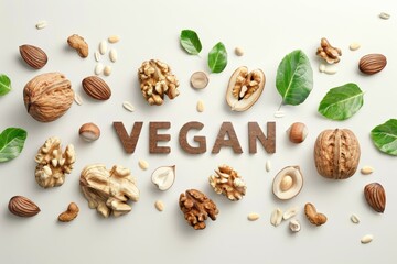 text only "VEGAN" written with 3d walnuts, almonds, hazelnuts on white background.