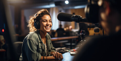 A woman sits in a filmmaking studio, smiling and speaking with the video crew