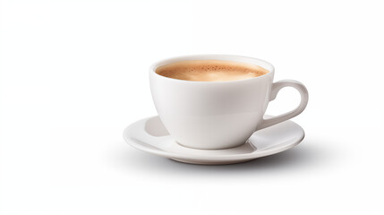 White coffee cup filled with mild coffee on white background
