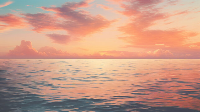 Tranquil sunset over a calm ocean, the sky painted with vibrant shades of orange and pink, serene and soothing atmosphere