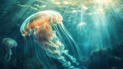 Giant oceanic jellyfish: A translucent jellyfish drifts serenely through the ocean depths, its ethereal form illuminated by shafts of sunlight.
