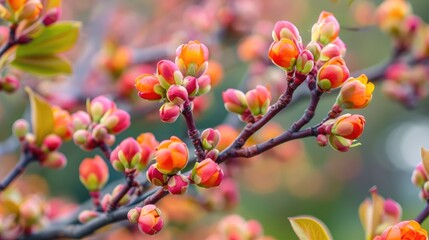 Popular ornamental shrub Flowering red buds known for young leaves with orange to red buds
