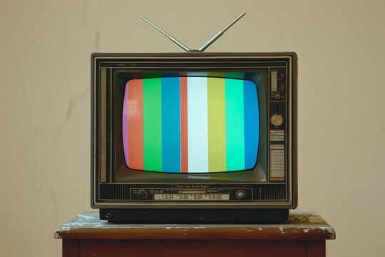 Vintage retro color TV CRT television displaying a test image, evoking nostalgia for classic technology and entertainment
