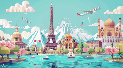 Global Adventure Collage: Parisian Charm to Taj Majesty - obrazy, fototapety, plakaty
