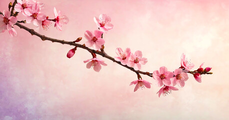 On a simple background, a cherry blossom branch with pink blossoms.