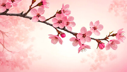 On a simple background, a cherry blossom branch with pink blossoms.